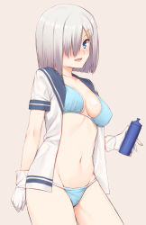 Rule 34 | 10s, 1girl, :d, arm at side, bikini, blue bikini, blue eyes, blush, bottle, breasts, cleavage, collarbone, cowboy shot, gloves, groin, hair ornament, hair over one eye, hairclip, hamakaze (kancolle), head tilt, highres, holding, holding bottle, kantai collection, looking at viewer, mikazuchi zeus, navel, open clothes, open mouth, open shirt, orange background, shirt, short sleeves, silver hair, simple background, smile, solo, standing, stomach, swimsuit, thighs, water bottle, white gloves