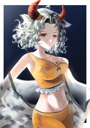 Rule 34 | 1girl, absurdres, animal ears, animal print, black hair, breasts, cleavage, cow ears, cow horns, cow print, crop top, grey hair, hekutaru, highres, horns, large breasts, multicolored hair, red eyes, red horns, short hair, shorts, solo, split-color hair, touhou, two-tone hair, ushizaki urumi, yellow crop top, yellow shorts