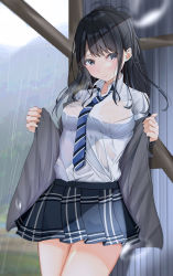 Rule 34 | 1girl, absurdres, black hair, black skirt, blurry, blurry background, bus stop, closed mouth, collared shirt, commentary request, field, grey eyes, grey jacket, highres, idolmaster, idolmaster shiny colors, jacket, kazano hiori, kunimine yuzuki, legs together, looking at viewer, medium hair, mountain, outdoors, pleated skirt, rain, school uniform, see-through, shirt, sidelocks, skirt, solo, standing, striped neckwear, uniform, wet, wet clothes, white shirt