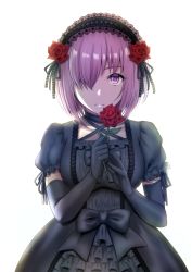 Rule 34 | 1girl, alternate costume, black bow, black dress, black gloves, bow, breasts, closed mouth, criss-cross halter, dress, eburi a, elbow gloves, fate/grand order, fate (series), flower, frilled sleeves, frills, gloves, hair flower, hair ornament, hair over one eye, hairband, halterneck, holding, holding flower, lace, lace-trimmed sleeves, lace trim, lolita fashion, lolita hairband, looking at viewer, mash kyrielight, medium breasts, pink eyes, puffy short sleeves, puffy sleeves, red flower, red rose, rose, short hair, short sleeves, simple background, solo, upper body, white background