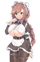 Rule 34 | 1girl, areola slip, bad id, bad pixiv id, benevolent leanne, braid, breasts, brown hair, cleavage, cleavage cutout, clothing cutout, commission, constantia s2, constantia s2 (cosplay), cosplay, dress, green eyes, huge breasts, kamchrome, last origin, looking at viewer, maid, maid headdress, pantyhose, simple background, single braid, smile, solo, underboob, white background
