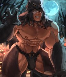 Rule 34 | 1boy, abs, animal collar, bandage over one eye, bara, bare tree, bellsaltr, body fur, bulge, claw pose, clothing cutout, collar, crotchless, crotchless pants, dark-skinned male, dark skin, full moon, grin, halloween, halloween costume, highres, kneeling, large pectorals, leather belt, looking at viewer, male focus, male pubic hair, moon, muscular, muscular male, navel, navel hair, nipples, original, pants, pectorals, pubic hair, smile, solo, stomach, tail, thick thighs, thigh cutout, thighs, topless male, tree, wolf boy, wolf hood, wolf tail