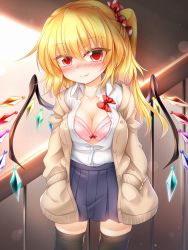Rule 34 | 1girl, alternate breast size, beige jacket, black thighhighs, blonde hair, blue skirt, blush, bow, bra, breasts, cardigan, cleavage, commentary request, cowboy shot, crystal, eyelashes, fang, fang out, flandre scarlet, grey background, hair between eyes, hair ornament, hair scrunchie, hands in pockets, head tilt, highres, jacket, large breasts, lens flare, long hair, long sleeves, looking at viewer, marukyuu ameya, miniskirt, no headwear, nose blush, one side up, open cardigan, open clothes, open jacket, pink bra, pleated skirt, polka dot, railing, red bow, red eyes, red scrunchie, scrunchie, shirt, skirt, smile, solo, standing, thighhighs, thighs, touhou, underwear, white shirt, wing collar, wings, zettai ryouiki