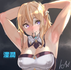 Rule 34 | 1girl, armpits, arms behind head, arms up, black background, blonde hair, blush, breasts, genshin impact, hair tie, haishima xv, jean (genshin impact), looking away, ponytail, purple eyes, signature, simple background, sleeveless, smile, solo, steam, sweat, sweatdrop, upper body