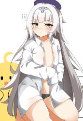 Rule 34 | 1girl, absurdres, azur lane, beret, black panties, blue hat, blush, brown eyes, character name, collarbone, collared shirt, commentary request, dress shirt, flying sweatdrops, grey hair, hat, headpiece, highres, long hair, long sleeves, looking at viewer, manjuu (azur lane), moyoron, no bra, open clothes, open shirt, panties, shirt, simple background, sleeves past fingers, sleeves past wrists, solo, underwear, very long hair, white background, white shirt, z46 (azur lane)