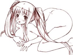 Rule 34 | 00s, 1girl, :o, all fours, arched back, blush, breasts, chikuwa (artist), chikuwa (tikuwa), cleavage, eyebrows, fate testarossa, hanging breasts, large breasts, long hair, looking at viewer, lyrical nanoha, mahou shoujo lyrical nanoha, nude, open mouth, sidelocks, simple background, solo, very long hair, white background