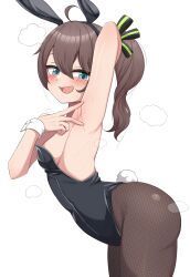 Rule 34 | 1girl, absurdres, alternate costume, animal ears, aqua eyes, arm behind head, armpits, black leotard, black ribbon, breasts, brown pantyhose, fake animal ears, fishnet pantyhose, fishnets, green ribbon, hair between eyes, hair ribbon, hashira 14, highres, hololive, leotard, looking at viewer, natsuiro matsuri, open mouth, pantyhose, playboy bunny, ponytail, presenting armpit, rabbit ears, ribbon, simple background, small breasts, smile, solo, standing, two-tone ribbon, virtual youtuber, white background, wrist cuffs