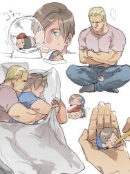 Rule 34 | ..., 2boys, bara, bed, blonde hair, blue eyes, blue shirt, brown hair, chibi, closed eyes, couple, hug, indian style, jack krauser, large pectorals, leon s. kennedy, looking at another, lying, male focus, multiple boys, muscular, muscular male, on bed, on side, pectorals, pink shirt, resident evil, resident evil 4, resident evil 4 (remake), shirt, short hair, sitting, sleeping, tatsumi (psmhbpiuczn), yaoi