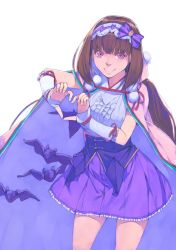Rule 34 | 1girl, akinbo (hyouka fuyou), bat (animal), blouse, bow, brown hair, cape, character request, corset, dress, dress shirt, frilled skirt, frills, hair bow, headband, highres, long hair, looking at viewer, miniskirt, pink cape, pink eyes, purple bow, purple skirt, red ribbon, ribbon, shirt, simple background, skirt, sleeveless, sleeveless shirt, smile, solo, standing, white background, white dress, white shirt