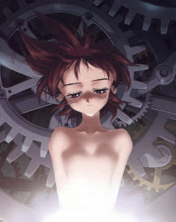 Rule 34 | 1990s (style), 1girl, brown hair, collarbone, gears, key the metal idol, mima tokiko, official art, retro artstyle, scan, short hair, smile, solo, topless