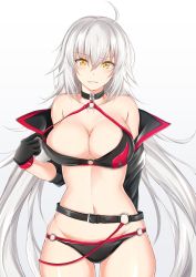 1girl ahoge bare_shoulders belt bikini bikini_pull black_belt black_bikini black_choker black_gloves black_jacket blush breasts choker cleavage clothes_pull commentary_request cowboy_shot fate/grand_order fate_(series) gloves gradient_background grey_background grin groin hair_between_eyes halterneck hand_up highres jacket jeanne_d&#039;arc_alter_(swimsuit_berserker)_(fate) jeanne_d&#039;arc_(fate) jeanne_d&#039;arc_alter_(fate) jeanne_d&#039;arc_alter_(swimsuit_berserker)_(fate) large_breasts long_hair long_sleeves looking_at_viewer navel o-ring o-ring_bikini off_shoulder open_clothes open_jacket parted_lips silver_hair smile solo standing stomach swimsuit very_long_hair watarase_piro white_background yellow_eyes