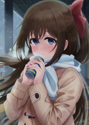 Rule 34 | 1girl, blue eyes, blue scarf, blush, bow, breath, brown coat, brown hair, can, choppy bangs, coat, cold, commentary request, fingernails, hair between eyes, hair bow, half updo, holding, holding can, long hair, long sleeves, looking at viewer, love live!, love live! nijigasaki high school idol club, osaka shizuku, ponytail, red bow, satolive20, scarf, sidelocks, signature, snowing, solo, upper body
