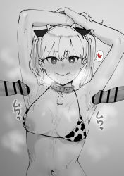 Rule 34 | 1girl, :q, absurdres, animal ears, animal print, armpit sex, arms up, bar censor, bell, blush, breasts, censored, collar, cow ears, cow horns, cow print, erection, greyscale, heart, heart-shaped pupils, hetero, highres, horns, monochrome, navel, neck bell, nipple slip, nipples, original, penis, smile, solo, stray pubic hair, sweat, symbol-shaped pupils, tantanmen72, tongue, tongue out, twintails