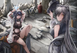 Rule 34 | 2girls, animal ears, arknights, arms up, bare legs, baseball cap, black footwear, black shorts, blue archive, blue eyes, blue hair, breasts, cat ears, coat, commentary request, cosplay, costume switch, crop top, foot out of frame, grey coat, grey hair, hat, holding, holding clothes, holding hat, kisumun, long hair, medium breasts, midriff, multiple girls, navel, off shoulder, pouch, saori (blue archive), saori (blue archive) (cosplay), schwarz (arknights), schwarz (arknights) (cosplay), short shorts, shorts, sitting, stomach, thigh strap, thighs, very long hair, yellow eyes