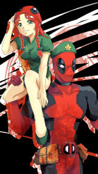 Rule 34 | 1boy, 1girl, absurdres, belt, black background, braid, carrying, chinese clothes, costume, crossover, deadpool, deadpool (series), green eyes, green skirt, hat, highres, hong meiling, long hair, marvel, mask, meow13, red hair, shoes, siam (meow13), simple background, skirt, smile, smirk, touhou, utility belt