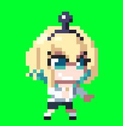 Rule 34 | 1girl, amano pikamee, black hairband, black shorts, blonde hair, chibi, colored inner hair, commentary, eevz, english commentary, green background, green eyes, green hair, hairband, holocure, lowres, multicolored hair, parody, pixel art, shirt, shorts, smile, solo, standing, style parody, virtual youtuber, voms, white shirt