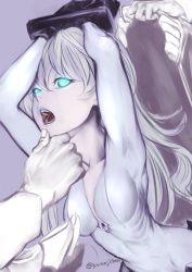 Rule 34 | 10s, 1girl, abyssal ship, armpits, arms up, bdsm, black gloves, blue eyes, bondage, bound, breasts, cleavage, colored skin, gloves, highres, kantai collection, long hair, open mouth, restrained, ribs, simple background, skin tight, small breasts, solo focus, teeth, unzipped, white hair, white skin, wo-class aircraft carrier, yunoji (makuswel)