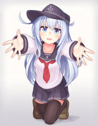 Rule 34 | 1girl, :d, bad id, bad pixiv id, black thighhighs, blue eyes, blue skirt, brown footwear, flat cap, full body, hat, hibiki (kancolle), highres, imminent hug, kantai collection, kneeling, loafers, long hair, long sleeves, looking at viewer, neckerchief, open mouth, outstretched arms, pleated skirt, reaching, reaching towards viewer, red neckerchief, reitou mikan, school uniform, serafuku, shoes, silver hair, simple background, skirt, smile, solo, thighhighs, white background