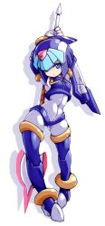 Rule 34 | 1girl, android, blue eyes, blue hair, bodysuit, boots, breasts, closed mouth, gloves, helmet, holding, holding weapon, karukan (monjya), fairy leviathan (mega man), looking at viewer, mega man (series), mega man zero (series), polearm, simple background, smile, solo, spear, thigh boots, thighhighs, weapon, white background
