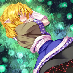 Rule 34 | 1girl, blonde hair, blush, dress, female focus, green eyes, long pointy ears, looking at viewer, lying, medium hair, mizuhashi parsee, on side, one eye closed, open mouth, pointy ears, ponytail, solo, tears, touhou, tro (trombe), wink