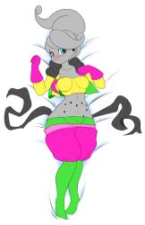 Rule 34 | 1girl, blue eyes, blush, breasts, colored skin, dragon ball, dragon ball xenoverse, dragonball z, female focus, female majin, flat color, full body, gloves, grey skin, lying, majin (race), on back, on bed, puddin, smile, solo, team four star, tfs, white background