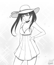Rule 34 | 1girl, absurdres, bare shoulders, bleach, blush, breasts, cleavage, dokugamine riruka, dress, earrings, hand on own hip, hat, highres, jewelry, large breasts, long hair, mistowing, monochrome, open mouth, simple background, solo, standing, sun hat, tsundere, twintails, white background