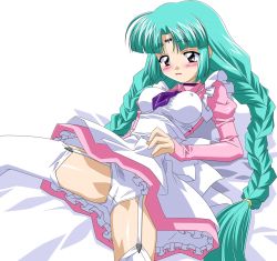 Rule 34 | 1990s (style), 1girl, braid, breasts, cameltoe, canal vorfeed, covered erect nipples, garter belt, highres, long hair, lost universe, maid, medium breasts, ost universe, panties, solo, spread legs, sugimura tomokazu, thighhighs, twin braids, underwear