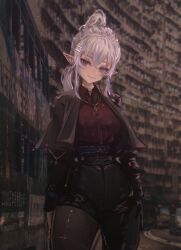 Rule 34 | 1girl, absurdres, alternate costume, asymmetrical legwear, black gloves, black pantyhose, blue eyes, breasts, building, car, closed mouth, collared shirt, commentary, english commentary, fang, fang out, geega (vtuber), gloves, grey hair, hair between eyes, heterochromia, high ponytail, highres, jewelry, long hair, looking at viewer, motor vehicle, muted color, necklace, outdoors, pantyhose, pointy ears, red eyes, red shirt, shiny clothes, shirt, slit pupils, smile, solo, standing, taku artworks, thick thighs, thighs, torn clothes, torn pantyhose, virtual youtuber, vshojo