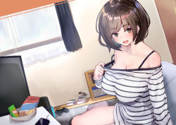 Rule 34 | 1girl, :d, bare shoulders, barefoot, blush, breasts, brown eyes, brown hair, cellphone, cleavage, commentary request, controller, game console, game controller, indoors, large breasts, looking at viewer, ninoude (ninoude44), no pants, off-shoulder shirt, off shoulder, open mouth, original, phone, playstation controller, shirt, short hair, sitting, smartphone, smile, solo, striped clothes, striped shirt