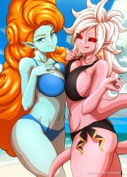 Rule 34 | 2girls, absurdres, android 21, artist name, ass, beach, bikini, black sclera, blue eyes, breast press, breasts, colored sclera, colored skin, dragon ball, dragon ball fighterz, dragonball z, earrings, female focus, green skin, highres, hoop earrings, jewelry, large breasts, long hair, looking at viewer, majin android 21, multiple girls, orange hair, pea-bean, pink skin, pointy ears, red eyes, sideboob, swimsuit, symmetrical docking, white hair, zangya