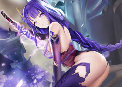 Rule 34 | 1girl, ass, bare shoulders, braided, breasts, electricity, genshin impact, hair ornament, highres, holding, holding sword, holding weapon, japanese clothes, katana, kimono, large breasts, looking at viewer, off shoulder, petals, ponytail, purple eyes, purple hair, purple kimono, raiden shogun, sitting, sword, thighhighs, thighs, weapon