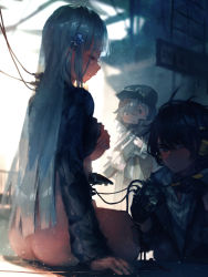 Rule 34 | 1boy, 2girls, aamond, absurdres, android, ass, assault rifle, blue eyes, blunt bangs, blush, blush stickers, bottomless, breasts, brown eyes, butt crack, cable, closed mouth, clothes lift, core (girls&#039; frontline), covering privates, covering breasts, cube, detached legs, dier (girls&#039; frontline), embarrassed, g11 (girls&#039; frontline), girls&#039; frontline, gun, hair between eyes, hair ornament, hat, headphones, headset, highres, hk416 (girls&#039; frontline), holding, holding screwdriver, jacket, jacket lift, large breasts, light particles, long hair, looking at viewer, mechanical parts, multiple girls, open clothes, repairing, rifle, screwdriver, shirt, shirt lift, silver hair, smile, very long hair, weapon