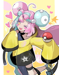 Rule 34 | 1girl, ;d, akasanngg, blue hair, blush, bow-shaped hair, character hair ornament, creatures (company), game freak, grey footwear, grey pantyhose, hair ornament, heart, iono (pokemon), jacket, long hair, looking at viewer, low-tied long hair, multicolored hair, nintendo, one eye closed, open mouth, oversized clothes, pantyhose, pink hair, pokemon, pokemon sv, sharp teeth, shirt, single leg pantyhose, sleeveless, sleeveless shirt, sleeves past fingers, sleeves past wrists, smile, solo, split-color hair, standing, star (symbol), teeth, thigh strap, twintails, two-tone hair, very long hair, yellow jacket