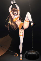 Rule 34 | 1girl, armpits, arms up, ball gag, bdsm, bondage, bound, bra, breasts, chain, clothed sex, clothes lift, elbow gloves, gag, gloves, hidden (pixiv 46421548), high heels, highres, indoors, key, large breasts, light brown hair, long hair, looking at viewer, miniskirt, navel, panties, pencil skirt, predicament bondage, race queen, remote control vibrator, sex in skirt, sex toy, sidelocks, skirt, skirt lift, solo, standing, standing on one leg, thighhighs, thong, tight skirt, umbrella, underboob, underwear, vibrator, vibrator in thighhighs, vibrator under clothes, vibrator under panties, vibrator under skirt, yellow eyes, yellow skirt