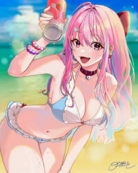 Rule 34 | 1girl, 92abe1, absurdres, ahoge, alternate hair length, alternate hairstyle, aqua hair, bare shoulders, beach, belt, belt collar, bikini, blue bikini, blue sky, blurry, blurry background, bow, bow bikini, breasts, can, choker, cleavage, cloud, cloudy sky, collar, collarbone, commentary, day, earrings, fangs, fingernails, food print, frilled bikini, frills, hair between eyes, hair bow, hair intakes, heart, heart-shaped lock, heart collar, heart print, highres, holding, holding can, idolmaster, idolmaster cinderella girls, idolmaster cinderella girls starlight stage, jewelry, large breasts, leaning forward, lips, long hair, looking at viewer, multicolored hair, navel, ocean, open mouth, outdoors, pill earrings, pink eyes, pink hair, purple wristband, red belt, red bow, red choker, red collar, red wristband, sand, signature, sky, smile, solo, spiked collar, spikes, stomach, strawberry print, streaked hair, swimsuit, thighs, two-tone hair, wet, wristband, yumemi riamu