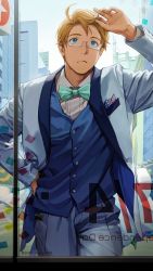 Rule 34 | 1boy, :/, adjusting hair, ahoge, alternate costume, america (hetalia), american flag, american flag print, axis powers hetalia, blazer, blonde hair, blue eyes, blue vest, bouquet, bow, bowtie, breast pocket, building, city, flag print, flower, formal, from outside, glass door, glasses, hand on own hip, highres, holding, holding bouquet, jacket, looking up, male focus, open clothes, open jacket, pocket, print bow, skyscraper, suit, to@st, vest, waistcoat