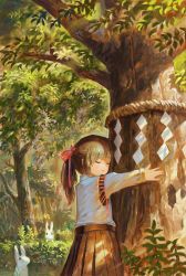 Rule 34 | 1girl, brown hair, brown skirt, commentary, dappled sunlight, detached sleeves, closed eyes, fjsmu, forest, highres, light smile, long sleeves, nature, hugging object, original, outdoors, parted lips, pleated skirt, ponytail, rabbit, rope, shide, shimenawa, shirt, short hair, skirt, solo, standing, sunlight, tree, white shirt