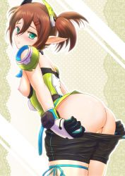 Rule 34 | 1girl, ass, bike shorts, bike shorts pull, blush, breasts, breasts out, brown hair, clothes pull, gloves, green eyes, headgear, highres, little prim, nipples, phantasy star, phantasy star online 2, pointy ears, ponytail, pulled by self, pussy, pussy peek, ryu-akt, shorts, shorts pull, solo, tear (pso2), thigh strap, twintails