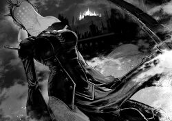 Rule 34 | 1girl, breasts, cityscape, commentary, covered face, dress, ender magnolia bloom in the mist, facing viewer, gloves, greyscale, holding, holding scythe, ichiren takushou, large breasts, mask, monochrome, night, scythe, sky, smoke, solo, spirit reaper (ender magnolia), steampunk, veil