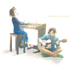 Rule 34 | 10s, 1boy, 1girl, acoustic guitar, age difference, bow, braid, braided bangs, brown eyes, brown hair, denim, facial hair, father and daughter, guitar, hair bow, hair ornament, hairclip, instrument, kaburagi kaede, kaburagi t. kotetsu, licamen, one side up, piano, reducto, short hair, side ponytail, slippers, socks, stubble, tiger &amp; bunny