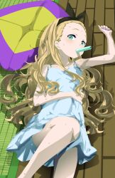 Rule 34 | 1girl, arm up, blonde hair, blue dress, blue ribbon, blush, commentary, dress, feet out of frame, flat chest, food in mouth, forehead, green eyes, hair pulled back, hair ribbon, highres, knee up, kurumi (lycoris recoil), long hair, looking at viewer, lycoris recoil, lying, mouth hold, nail polish, on back, on floor, pink nails, popsicle, popsicle in mouth, ribbon, sengoku chidori, short dress, solo, sundress, sweat, symbol-only commentary, very long hair, wavy hair, wooden floor