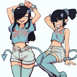 Rule 34 | 1girl, arm support, arm up, arms behind head, arms up, black hair, blue nails, blue thighhighs, collarbone, colo (nagrolaz), crop top, demon girl, demon horns, demon tail, hair over one eye, highres, horns, long hair, looking at viewer, mephia, nail polish, navel, open mouth, parted lips, pointy ears, sharp teeth, short hair, short ponytail, short shorts, shorts, sitting, sleeveless, sweethex, tail, tan, teeth, thighhighs, open fly, yellow eyes