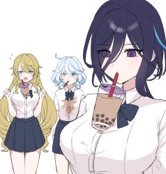 Rule 34 | 3girls, :o, ahoge, alternate costume, blonde hair, blue eyes, blue hair, blue skirt, breasts, bubble tea, bubble tea challenge, clorinde (genshin impact), cowboy shot, cup, disposable cup, drill hair, drill sidelocks, drinking, drinking straw, furina (genshin impact), genshin impact, highres, large breasts, long hair, miniskirt, mochi mochi052, mouth hold, multiple girls, navia (genshin impact), no headwear, open mouth, pleated skirt, purple hair, school uniform, sidelocks, simple background, skirt, standing, upper body, very long hair, white background