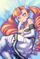 Rule 34 | 1girl, aq interactive, arcana heart, atlus, boots, dress, earrings, examu, flower, gloves, jewelry, long hair, necklace, orange hair, petra johanna lagerkvist, solo, thigh boots, thighhighs, white thighhighs, woofycakes