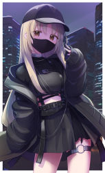 Rule 34 | 1girl, basa rutan, baseball cap, black footwear, black hat, black jacket, black skirt, breasts, brown eyes, brown hair, building, commentary request, crop top, hand up, hat, highres, jacket, long sleeves, looking at viewer, mask, medium breasts, midriff, mouth mask, nijisanji, off shoulder, open clothes, open jacket, outdoors, parted bangs, pleated skirt, puffy long sleeves, puffy sleeves, romaji commentary, sister claire, sister claire (9th costume), skirt, skyscraper, sleeves past fingers, sleeves past wrists, solo, virtual youtuber