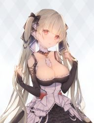 Rule 34 | 1girl, azur lane, between breasts, black nails, blunt bangs, breasts, cleavage cutout, clothing cutout, collar, collarbone, dress, earrings, formidable (azur lane), frilled dress, frills, hair ribbon, head tilt, highres, holding, holding hair, jewelry, large breasts, light brown hair, long sleeves, looking at viewer, nail polish, open mouth, red eyes, ribbon, shiromi, simple background, solo, twintails, upper body, white background