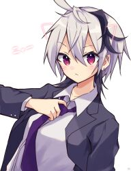 Rule 34 | 1girl, adjusting clothes, adjusting necktie, ahoge, closed mouth, collared shirt, drawn ears, drawn nose, drawn whiskers, ear piercing, expressionless, flower (vocaloid), formal, grey suit, hair between eyes, highres, lens flare, looking at viewer, necktie, open clothes, piercing, purple eyes, purple hair, purple necktie, rageno0000, shirt, short hair, signature, simple background, solo, suit, upper body, vocaloid, white background, white hair, white shirt