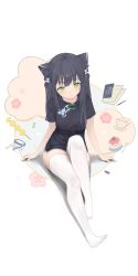 Rule 34 | 1girl, absurdres, animal ear fluff, animal ears, black dress, black hair, blue archive, closed mouth, commentary request, dress, full body, green eyes, highres, knee up, long hair, no shoes, short sleeves, shun (blue archive), shun (small) (blue archive), sitting, solo, star anise, thighhighs, white background, white thighhighs
