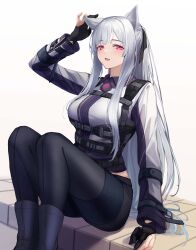 Rule 34 | 1girl, 3 small spiders, absurdres, ak-12 (girls&#039; frontline), animal ear fluff, animal ears, arm support, artificial eye, black pants, braid, collared shirt, french braid, girls&#039; frontline, gloves, grey hair, hair ribbon, hand up, highres, image sample, long hair, mechanical eye, pants, partially fingerless gloves, ponytail, purple eyes, ribbon, shirt, sitting, solo, tactical clothes, twitter sample