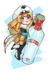 Rule 34 | 1girl, :p, alcohol, bad id, bad twitter id, belt, blonde hair, blush, brown jacket, bukimi isan, commentary request, fur collar, gloves, green background, green eyes, hands up, hat, jacket, jacket on shoulders, long hair, long sleeves, looking at viewer, mini person, minigirl, shy (series), simple background, solo, spirits (shy), tongue, tongue out, vodka, white background, white gloves, white hat